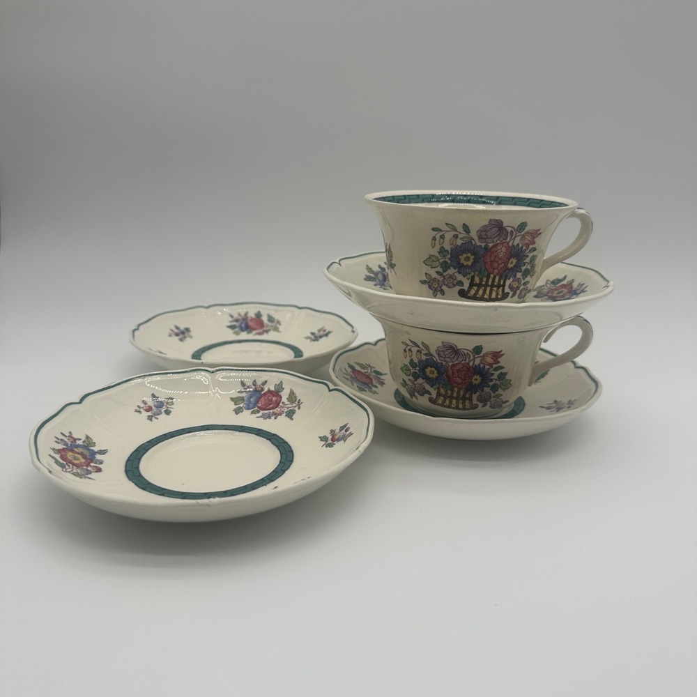 Vintage‎ Wedgwood Etruria England Floral Tea Cup Saucer Set 1922 Patent Basket